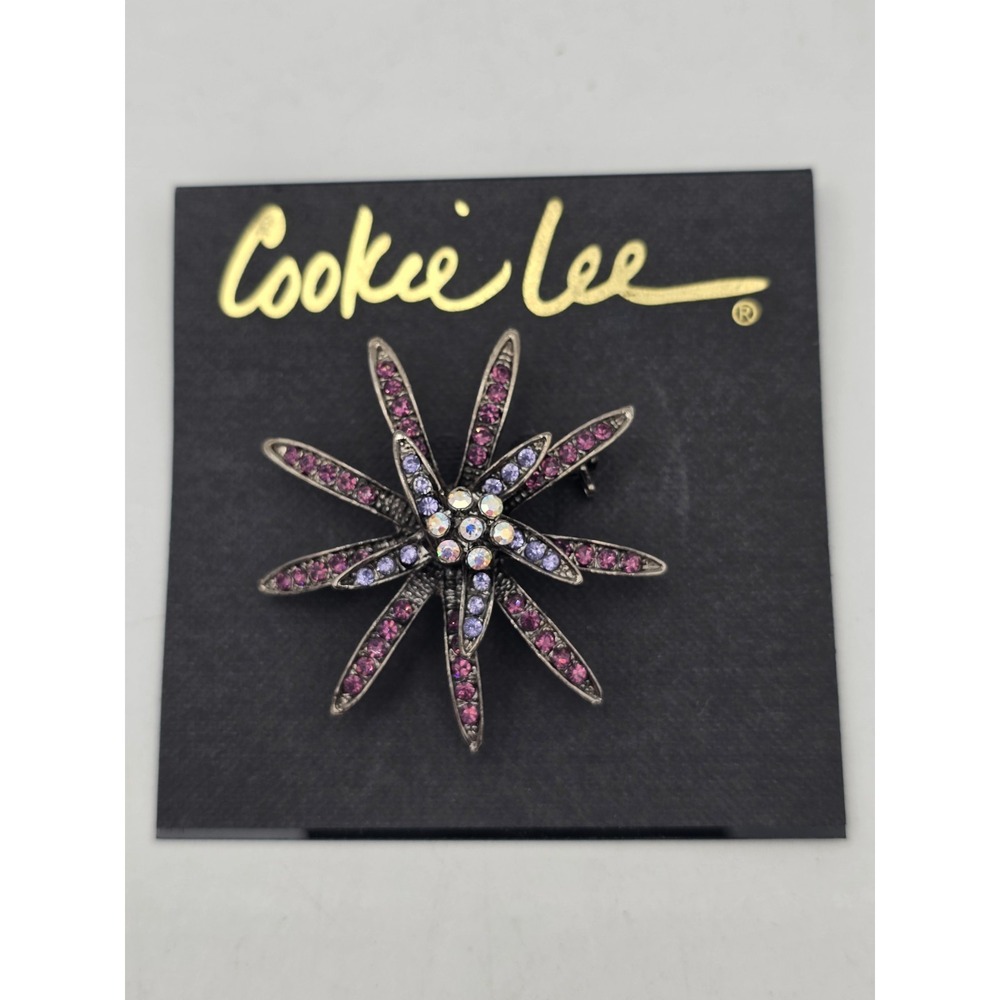 Cookie Lee Genuine crystal Brooch Flower Purple Silver Tone AB Center 25256 New
